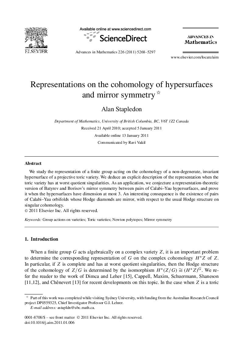 Representations on the cohomology of hypersurfaces and mirror symmetry