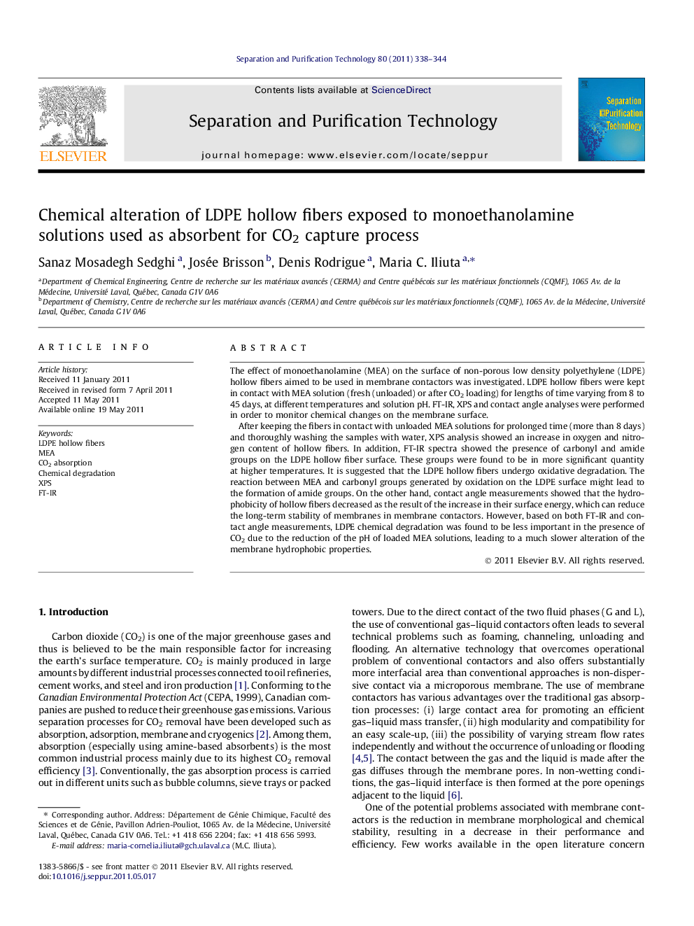 Chemical alteration of LDPE hollow fibers exposed to monoethanolamine solutions used as absorbent for CO2 capture process