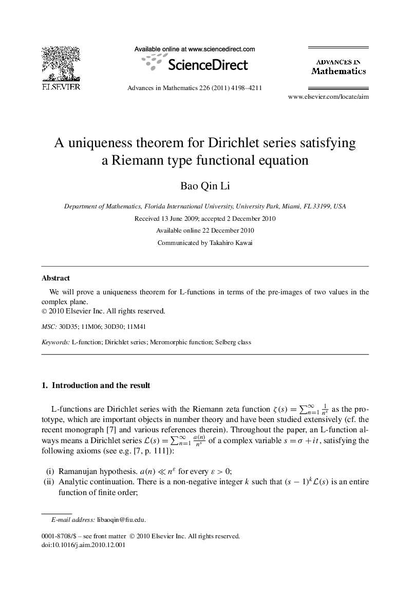 A uniqueness theorem for Dirichlet series satisfying a Riemann type functional equation