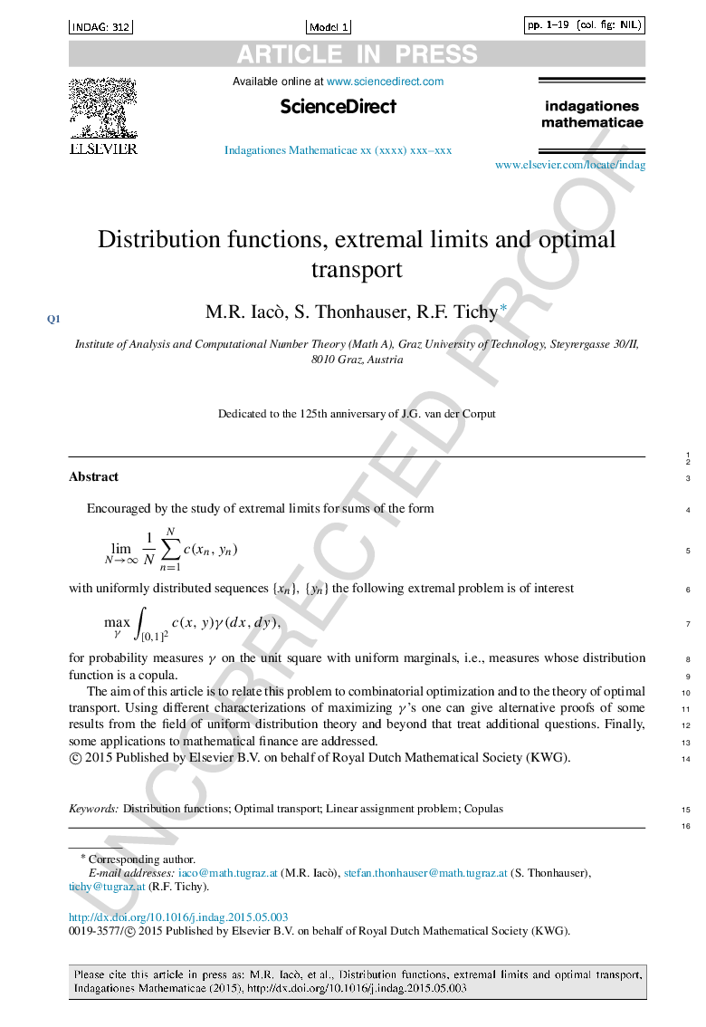 Distribution functions, extremal limits and optimal transport
