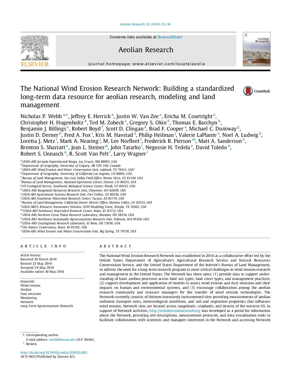 The National Wind Erosion Research Network: Building a standardized long-term data resource for aeolian research, modeling and land management