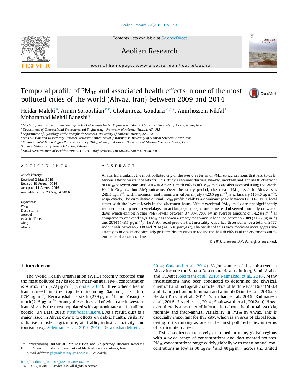 Temporal profile of PM10 and associated health effects in one of the most polluted cities of the world (Ahvaz, Iran) between 2009 and 2014