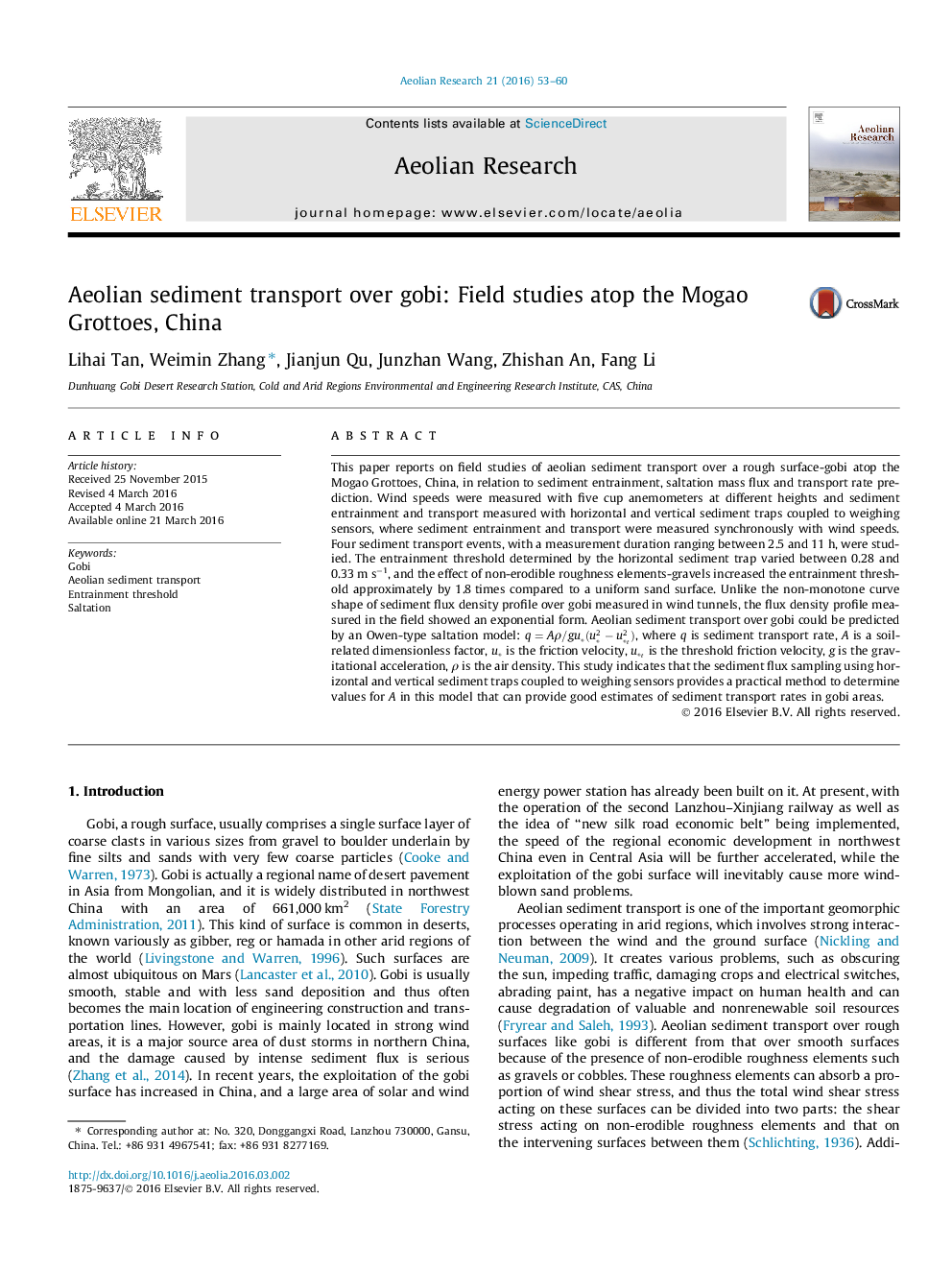 Aeolian sediment transport over gobi: Field studies atop the Mogao Grottoes, China