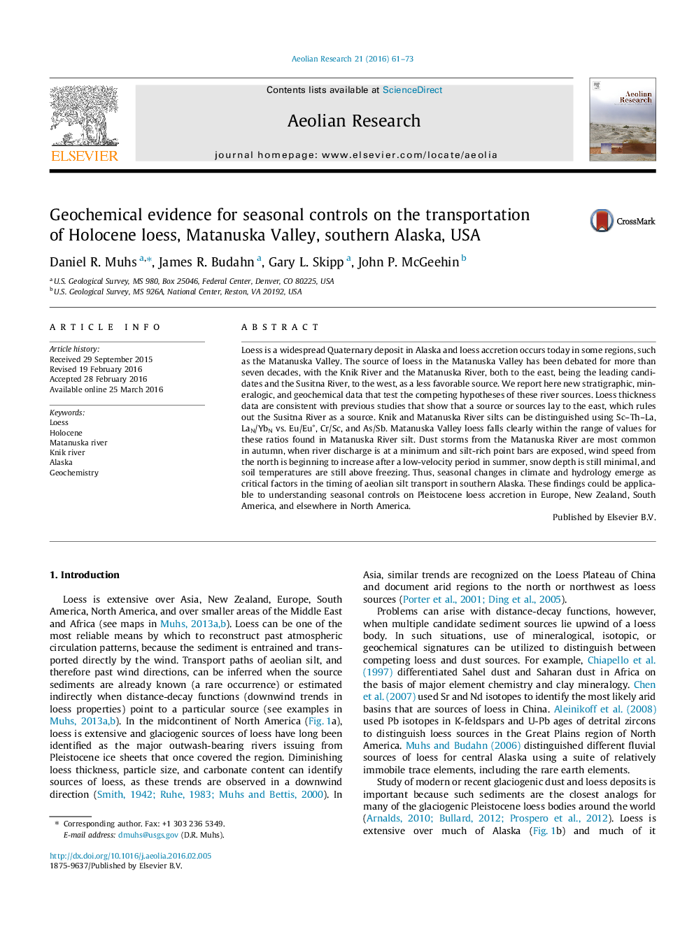 Geochemical evidence for seasonal controls on the transportation of Holocene loess, Matanuska Valley, southern Alaska, USA