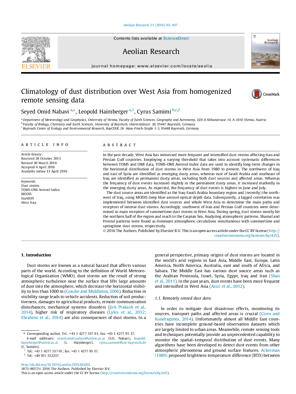 Climatology of dust distribution over West Asia from homogenized remote sensing data