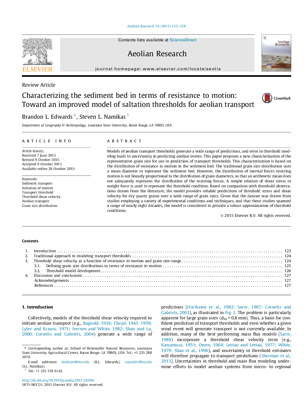 Review ArticleCharacterizing the sediment bed in terms of resistance to motion: Toward an improved model of saltation thresholds for aeolian transport