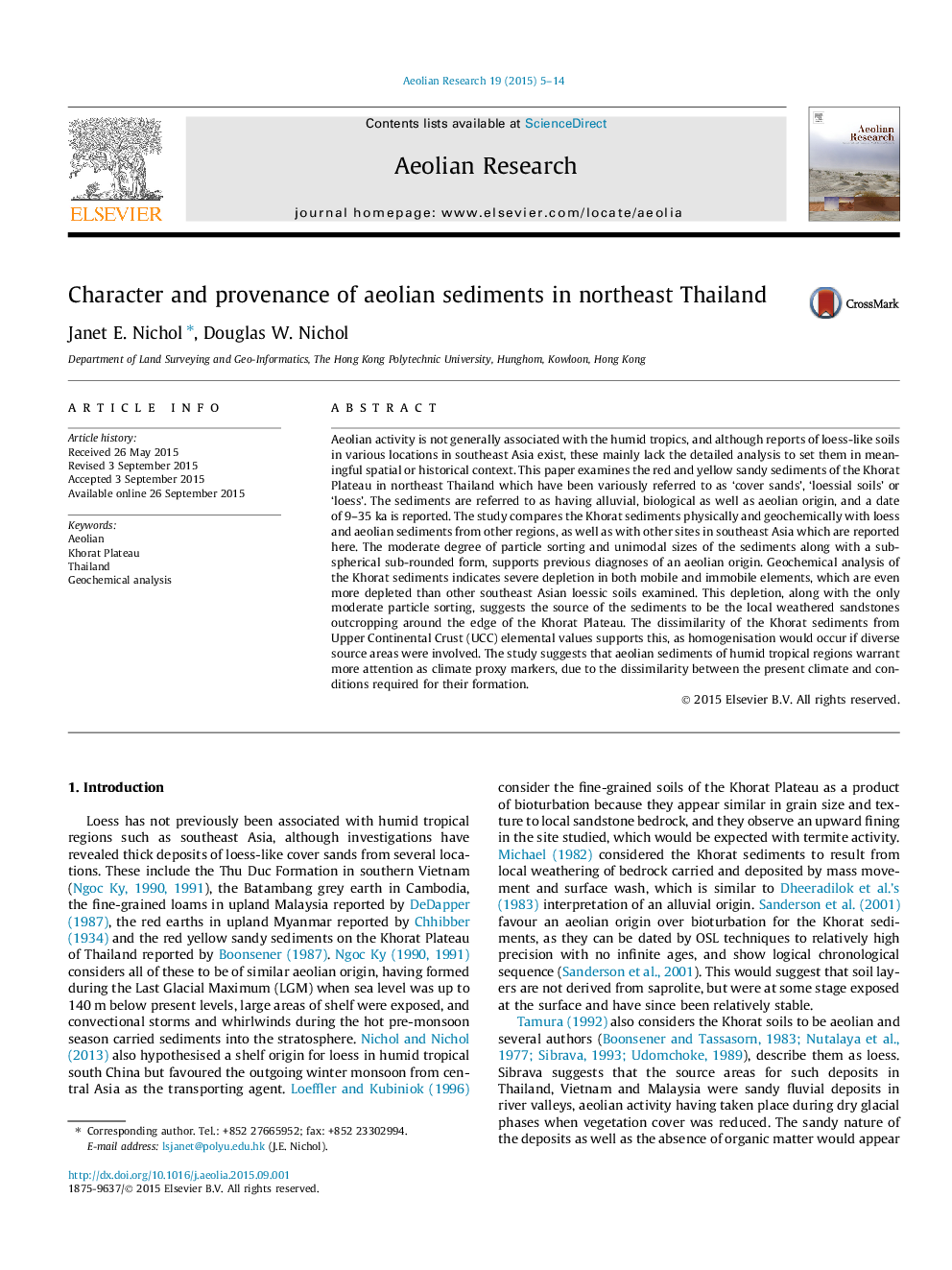 Character and provenance of aeolian sediments in northeast Thailand