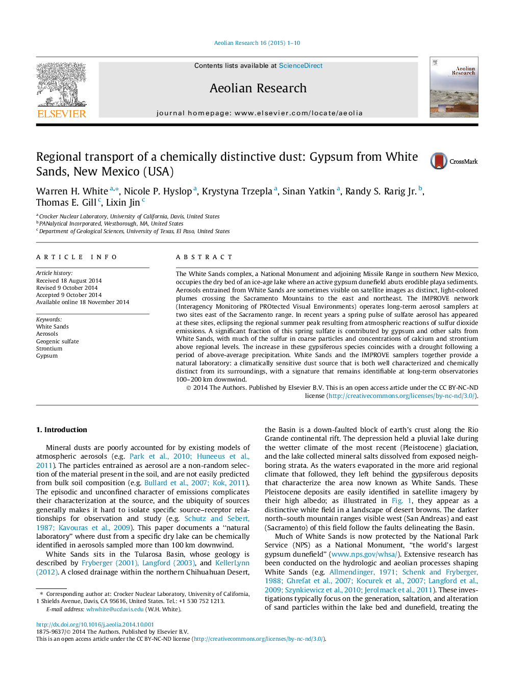 Regional transport of a chemically distinctive dust: Gypsum from White Sands, New Mexico (USA)