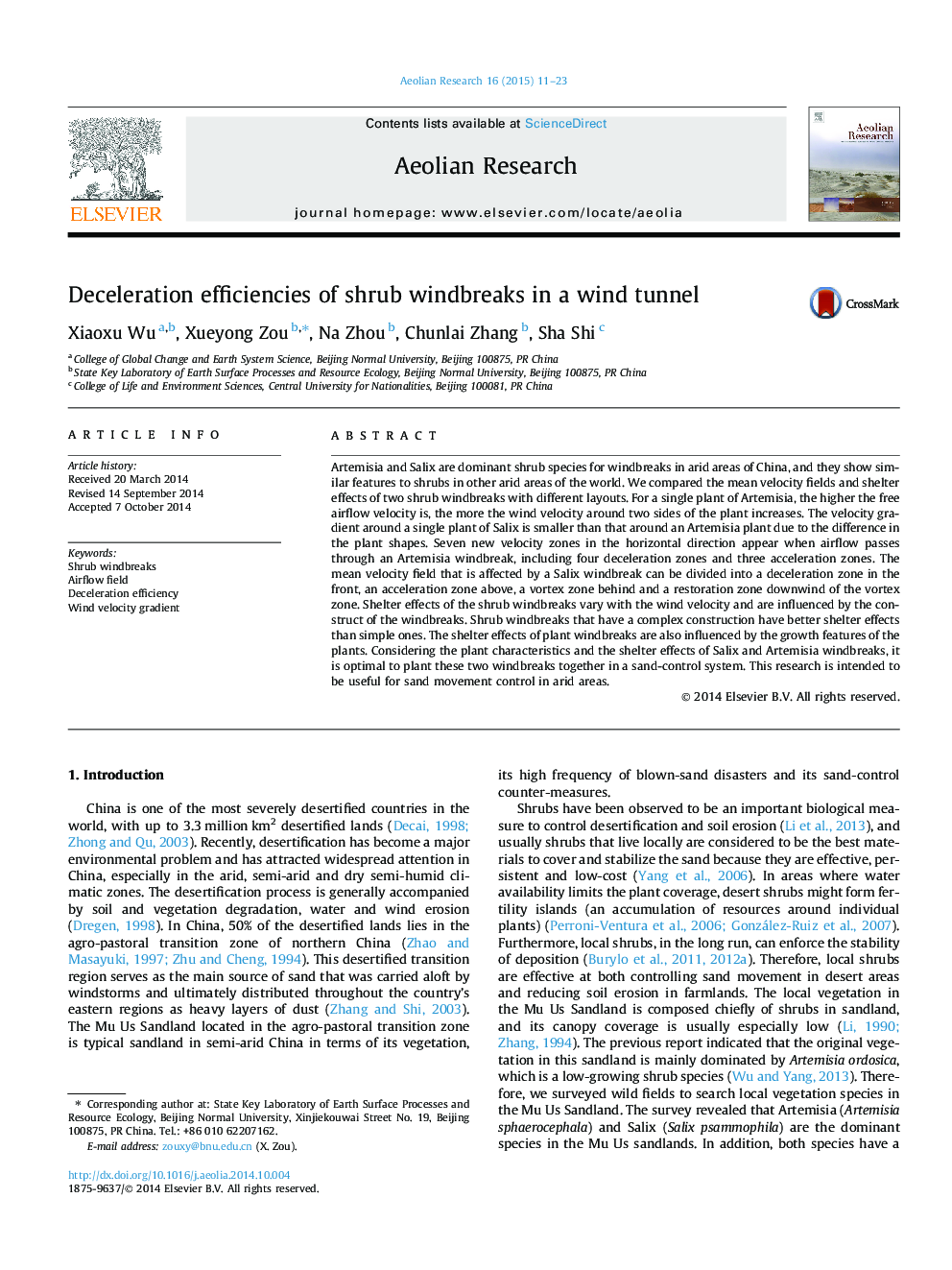 Deceleration efficiencies of shrub windbreaks in a wind tunnel