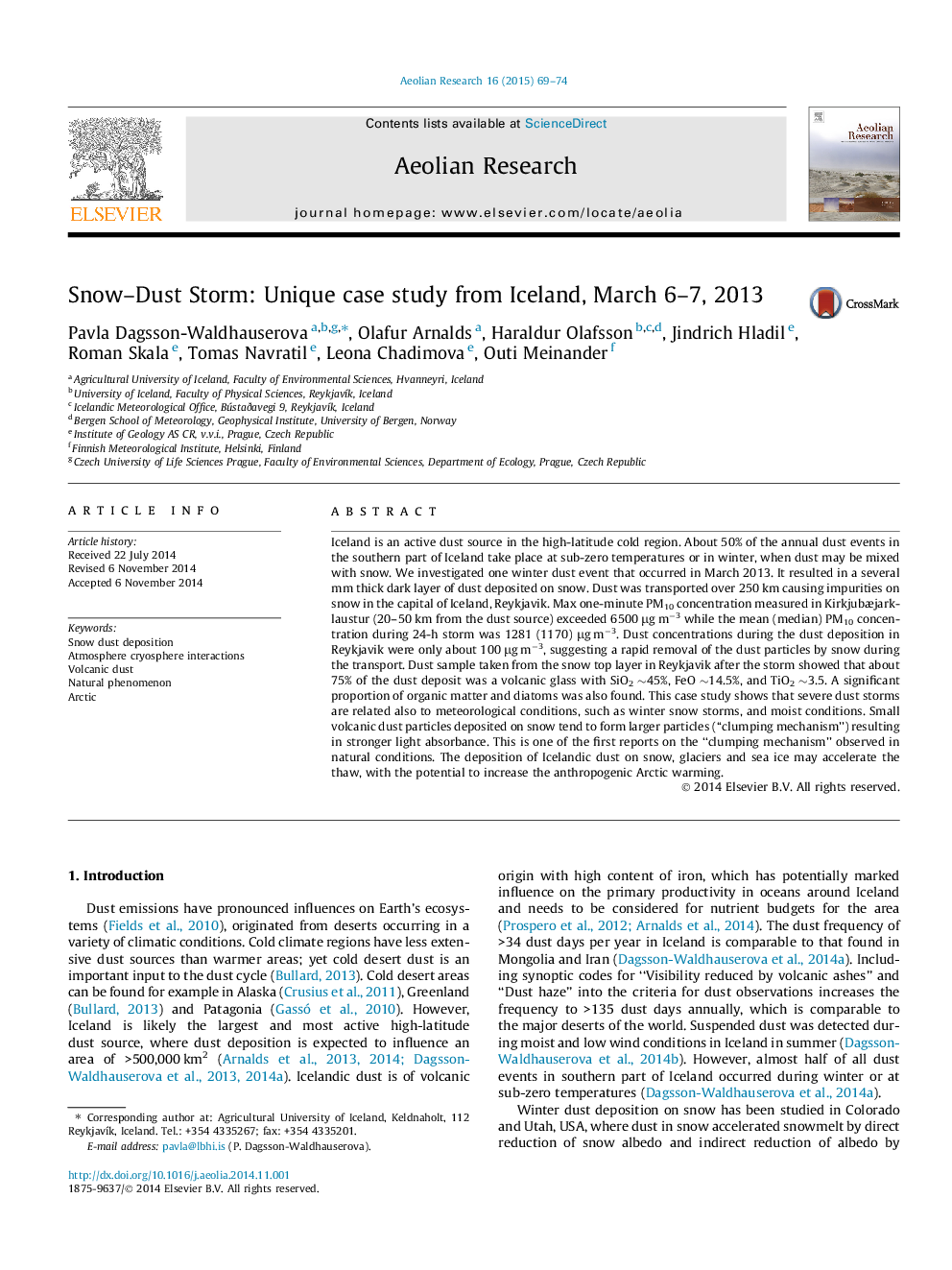 Snow-Dust Storm: Unique case study from Iceland, March 6-7, 2013