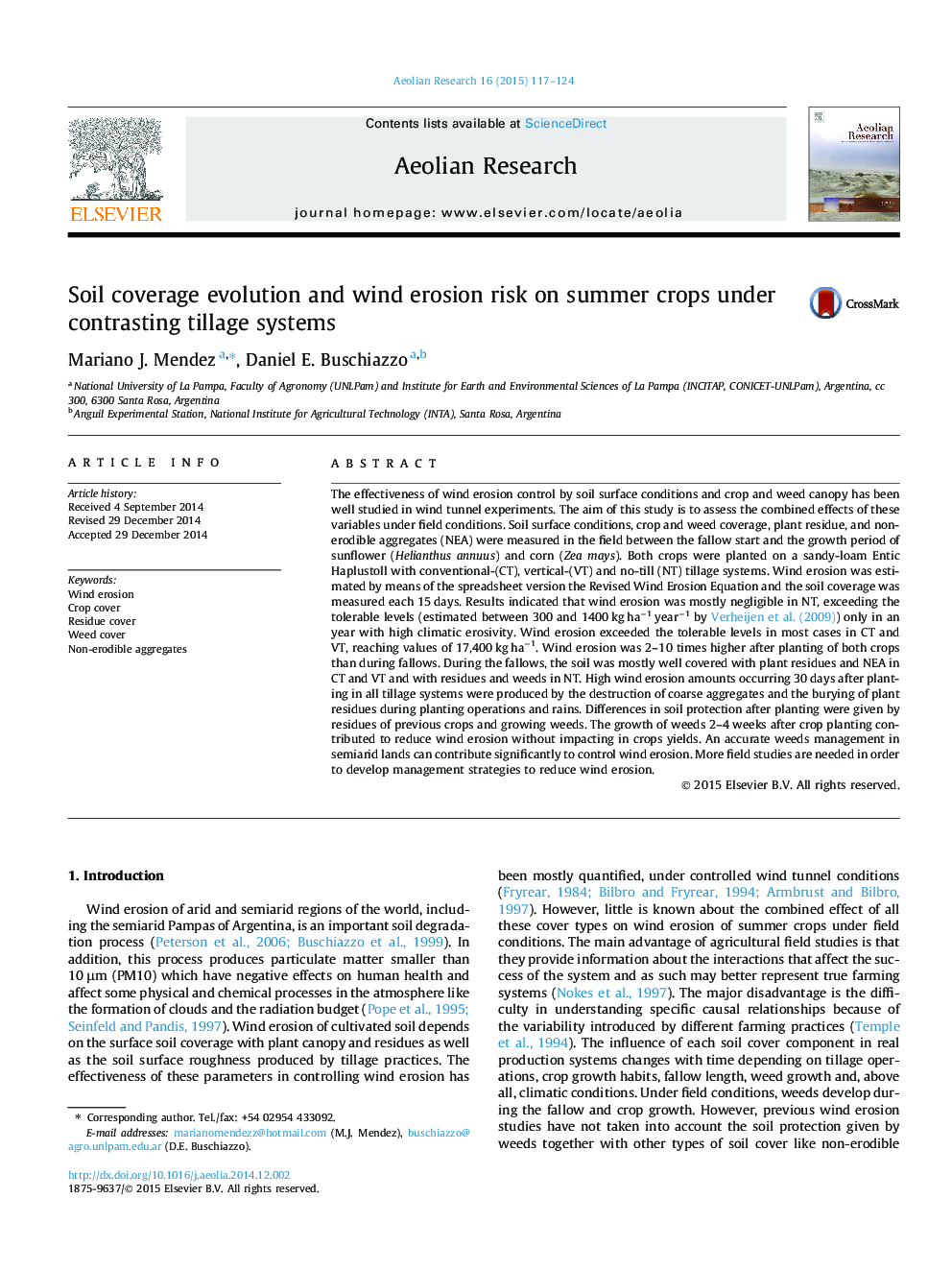 Soil coverage evolution and wind erosion risk on summer crops under contrasting tillage systems