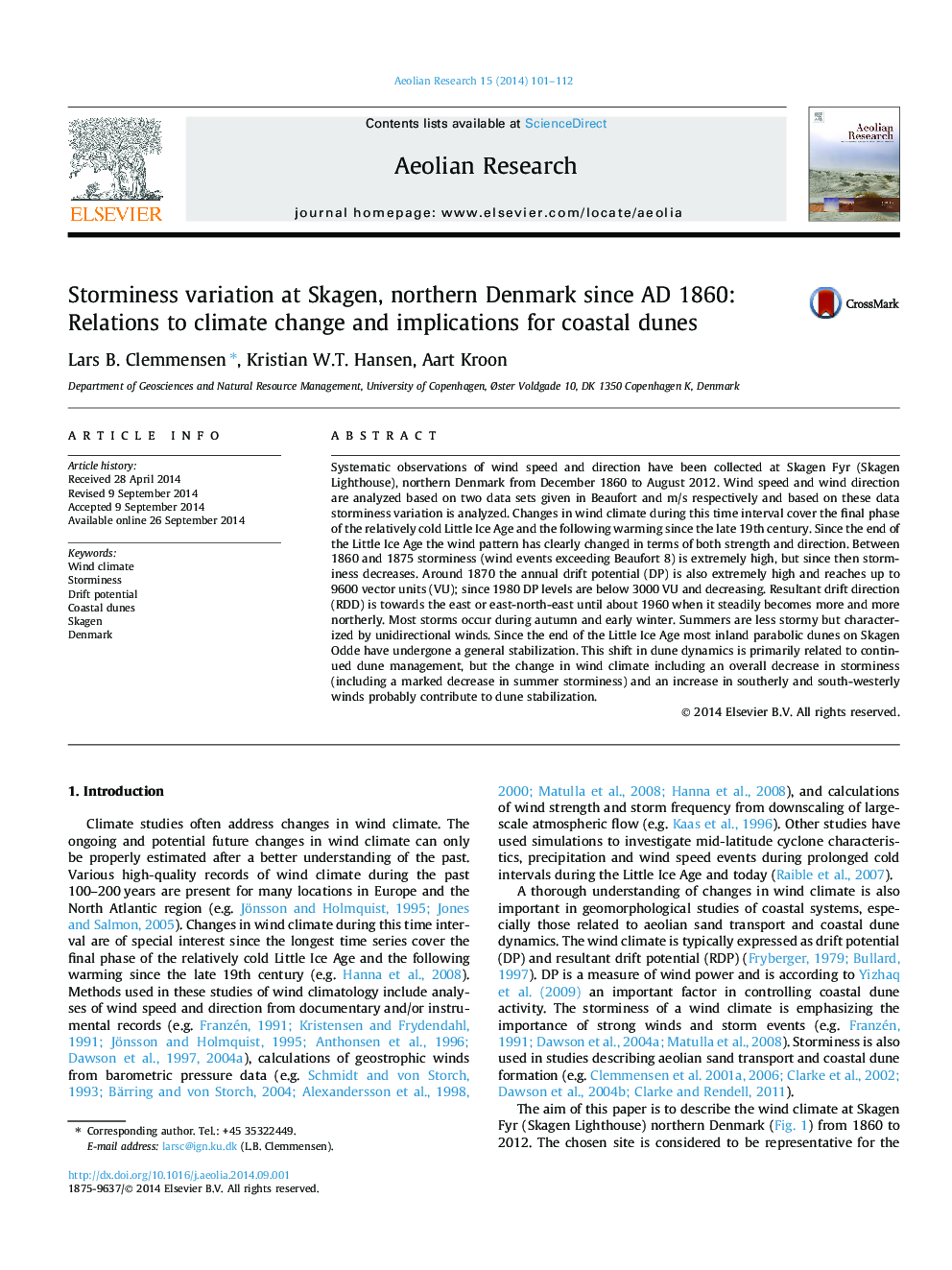 Storminess variation at Skagen, northern Denmark since AD 1860: Relations to climate change and implications for coastal dunes