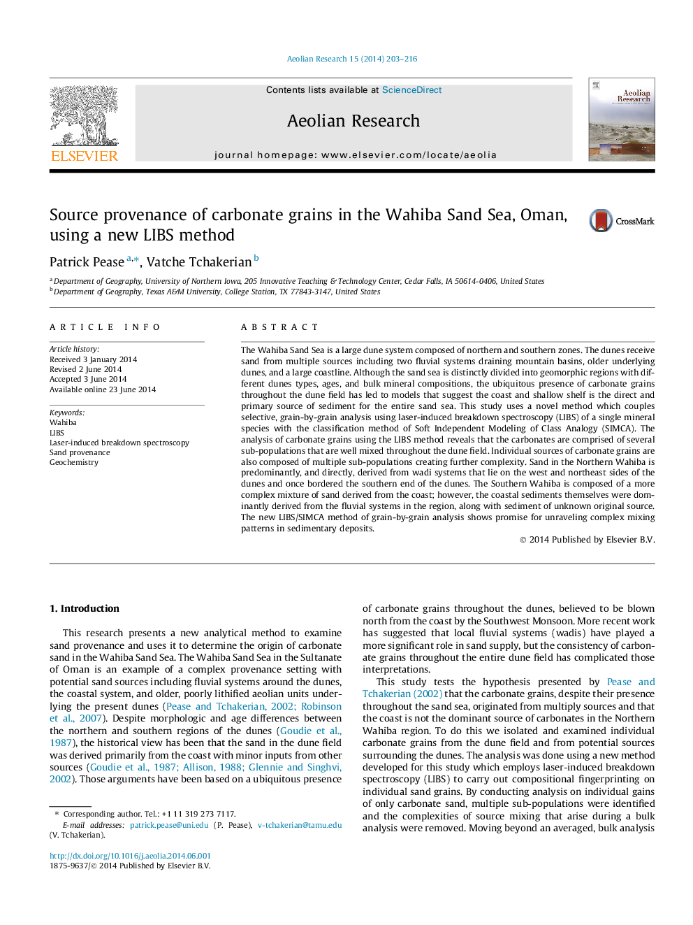 Source provenance of carbonate grains in the Wahiba Sand Sea, Oman, using a new LIBS method