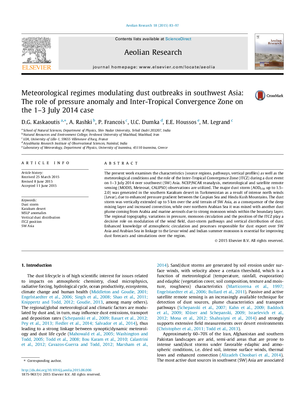 رژیم های هواشناسی مداخله شیوع گرد و غبار در جنوب غربی آسیا: نقش آنومالی فشار و منطقه همگرایی بین تروپیکی در مورد 1-3 جولای 2014 