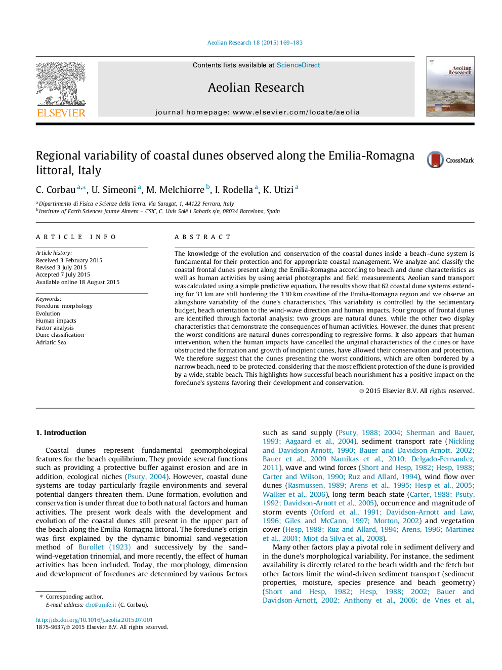 Regional variability of coastal dunes observed along the Emilia-Romagna littoral, Italy