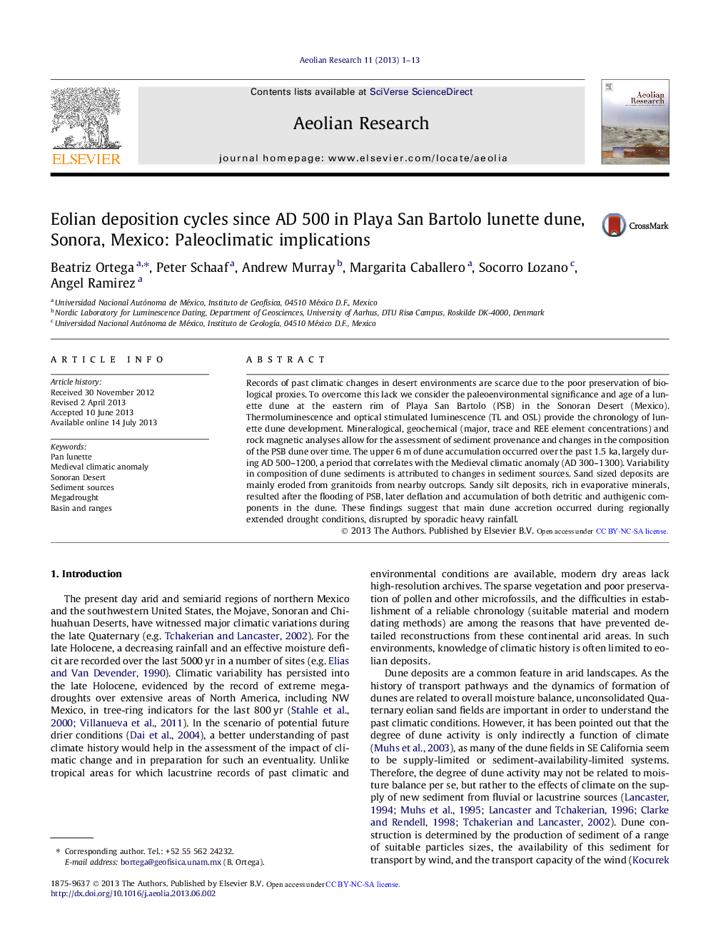 Eolian deposition cycles since AD 500 in Playa San Bartolo lunette dune, Sonora, Mexico: Paleoclimatic implications