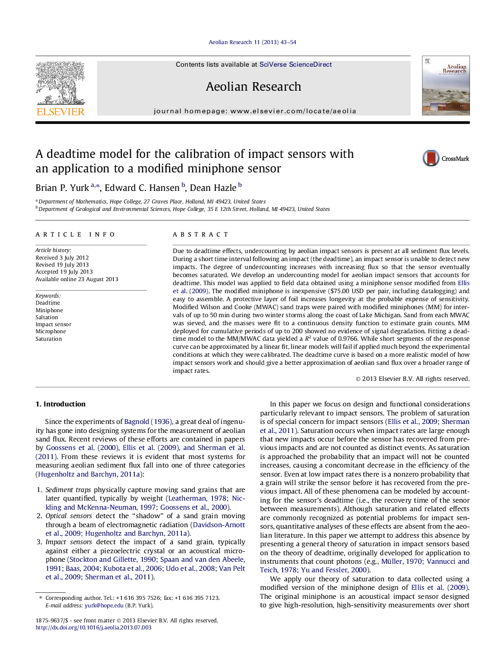 A deadtime model for the calibration of impact sensors with an application to a modified miniphone sensor