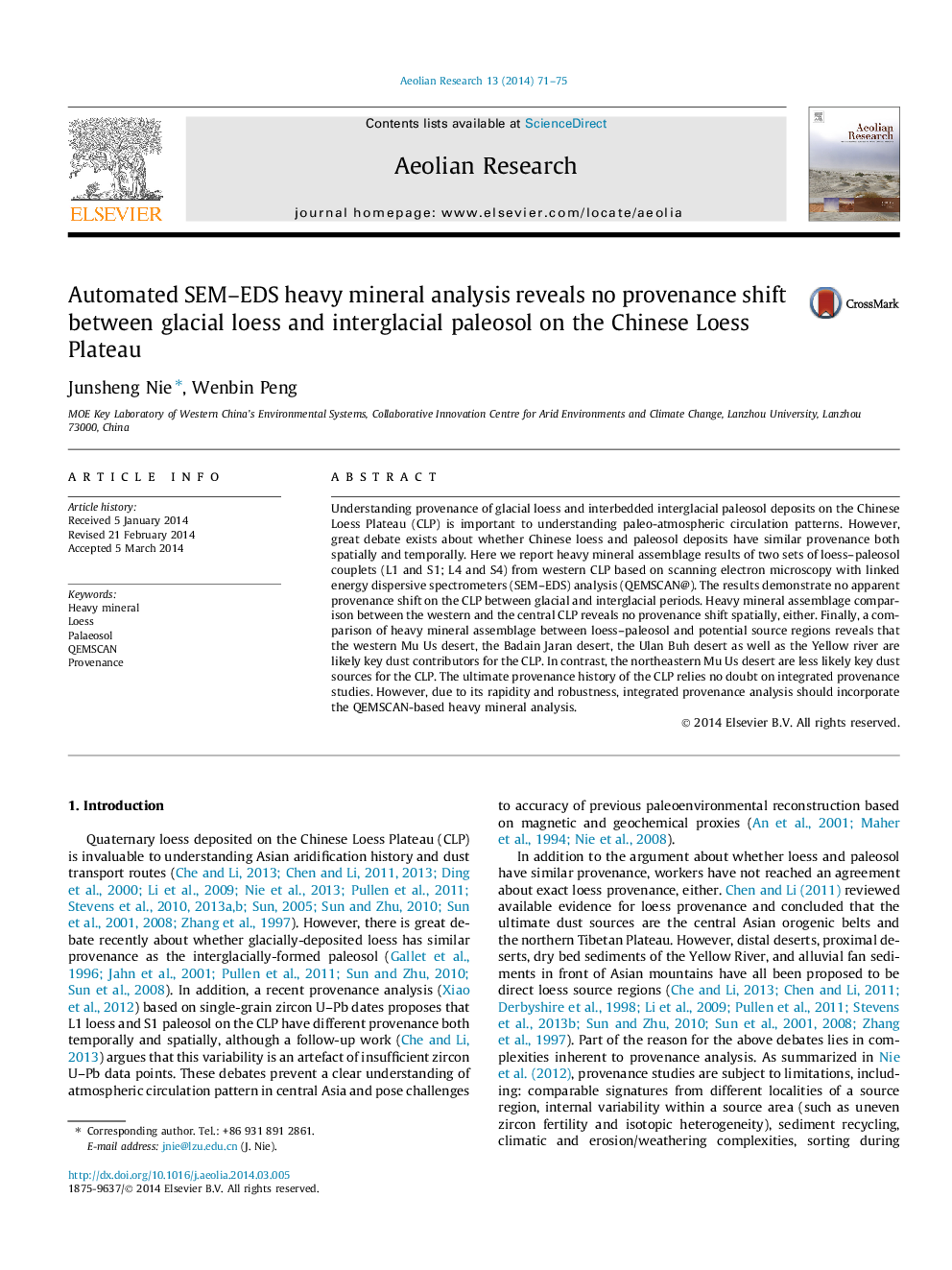 عکس صفحه اول مقاله: Automated SEM-EDS heavy mineral analysis reveals no provenance shift between glacial loess and interglacial paleosol on the Chinese Loess Plateau Automated SEM-EDS heavy mineral analysis reveals no provenance shift between glacial loess and interglacial paleosol on the Chinese Loess Plateau