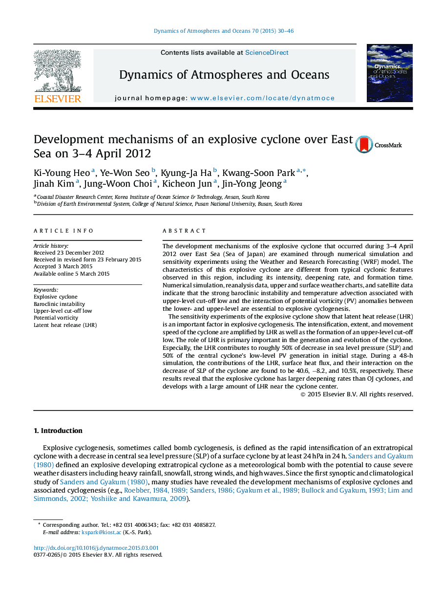 Development mechanisms of an explosive cyclone over East Sea on 3-4 April 2012