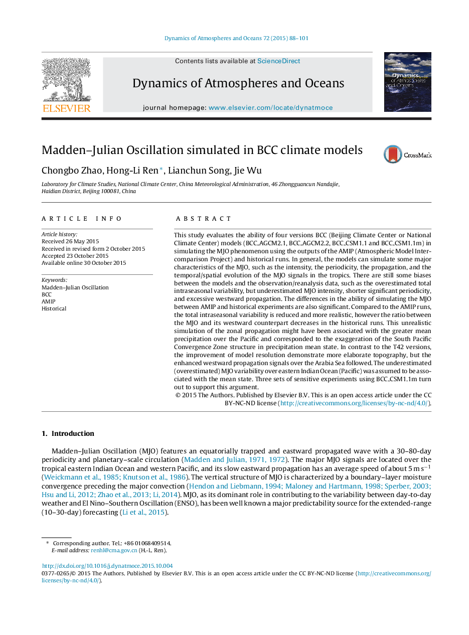 عکس صفحه اول مقاله: Madden-Julian Oscillation simulated in BCC climate models Madden-Julian Oscillation simulated in BCC climate models