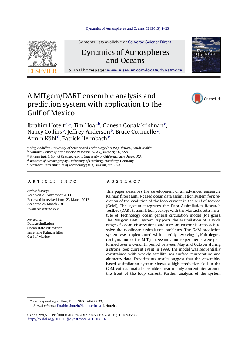 عکس صفحه اول مقاله: A MITgcm/DART ensemble analysis and prediction system with application to the Gulf of Mexico A MITgcm/DART ensemble analysis and prediction system with application to the Gulf of Mexico