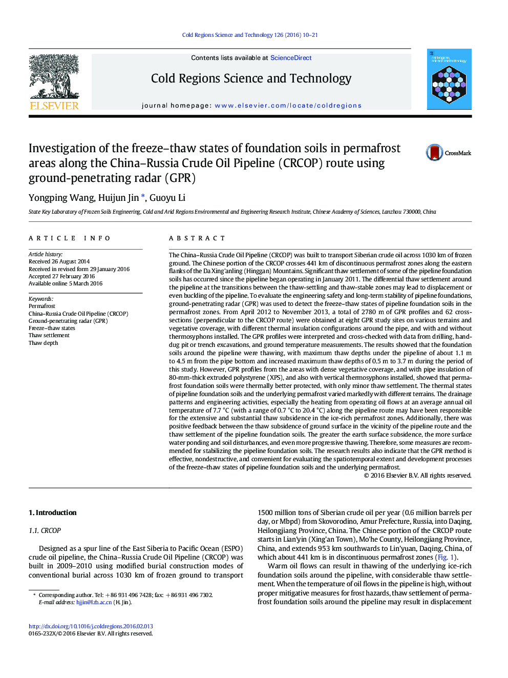 Investigation of the freeze-thaw states of foundation soils in permafrost areas along the China-Russia Crude Oil Pipeline (CRCOP) route using ground-penetrating radar (GPR)