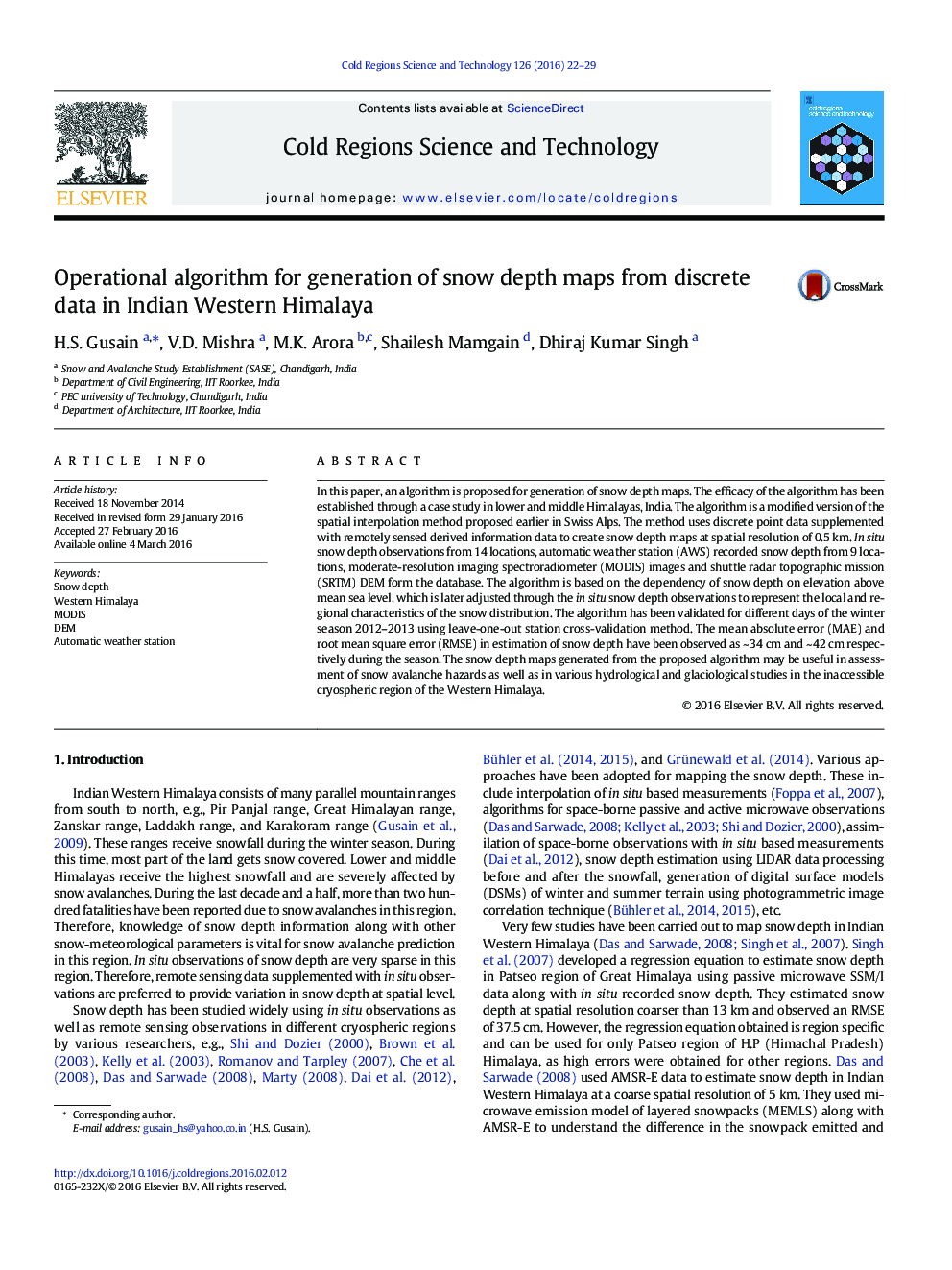 Operational algorithm for generation of snow depth maps from discrete data in Indian Western Himalaya