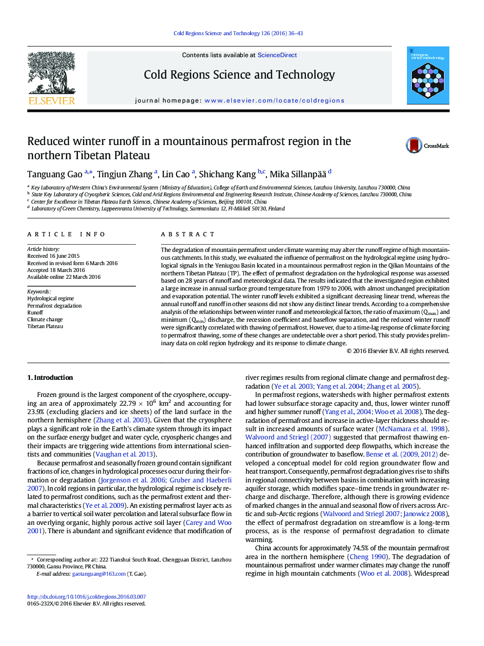 Reduced winter runoff in a mountainous permafrost region in the northern Tibetan Plateau