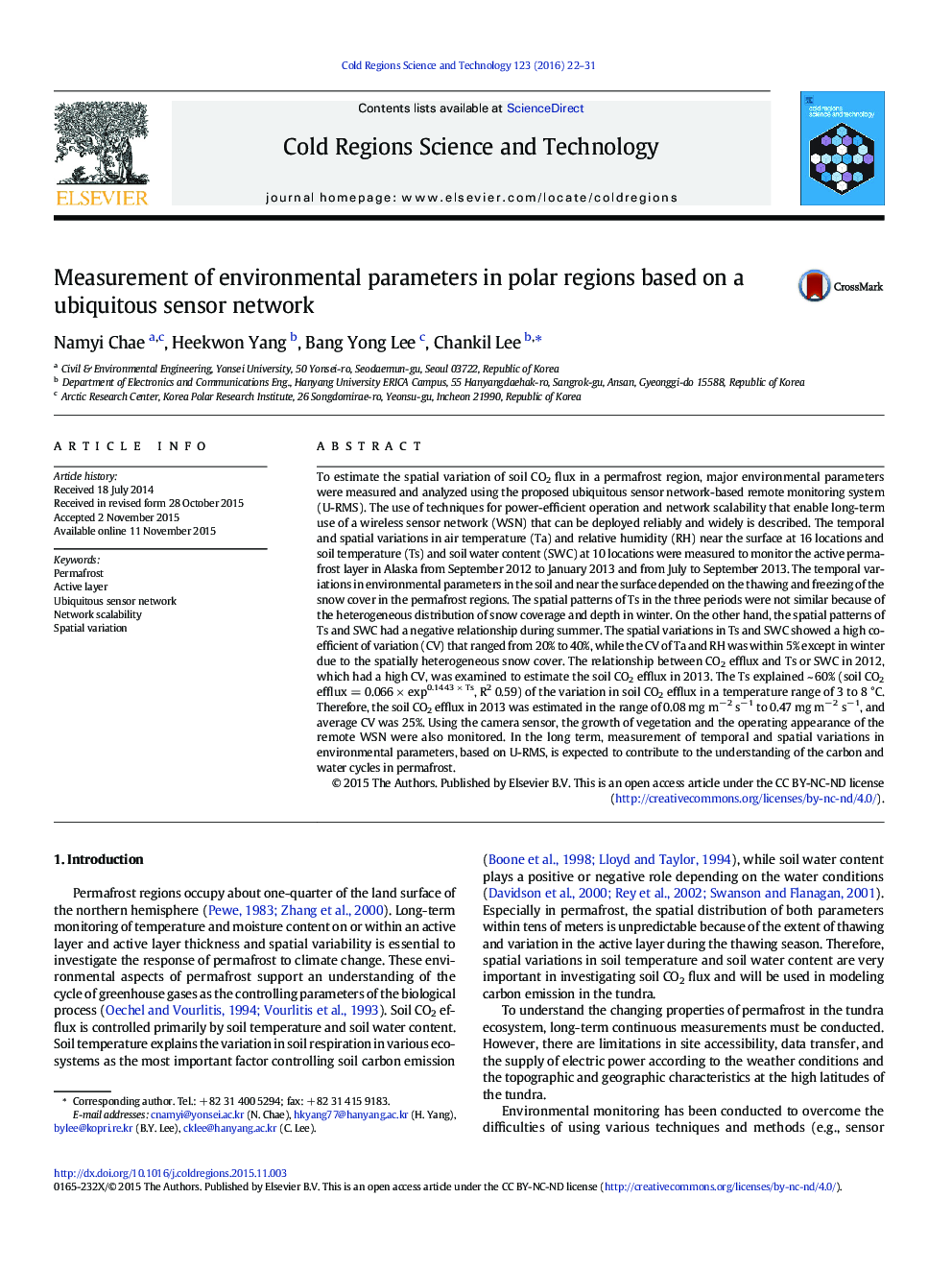 Measurement of environmental parameters in polar regions based on a ubiquitous sensor network