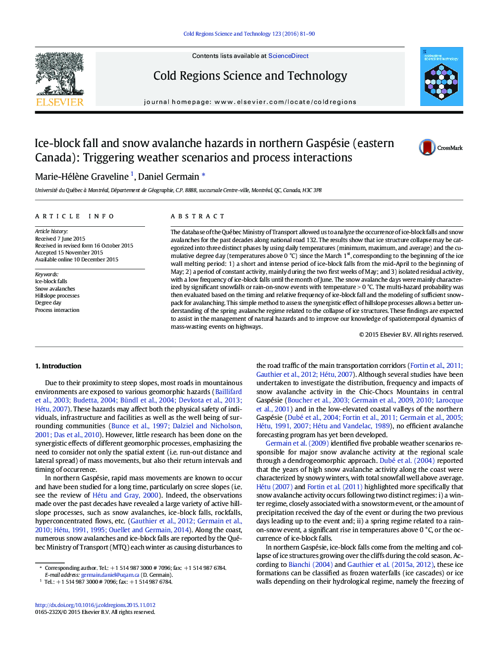 Ice-block fall and snow avalanche hazards in northern Gaspésie (eastern Canada): Triggering weather scenarios and process interactions