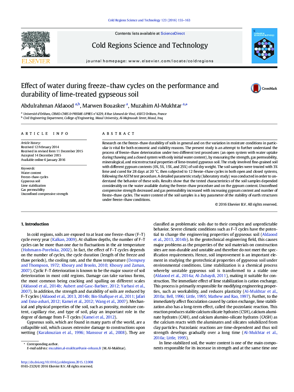 Effect of water during freeze-thaw cycles on the performance and durability of lime-treated gypseous soil