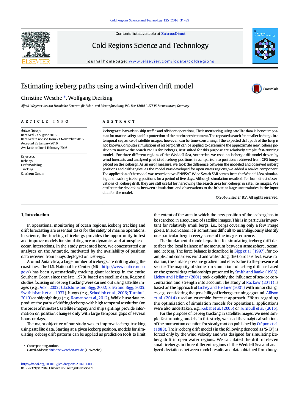 Estimating iceberg paths using a wind-driven drift model