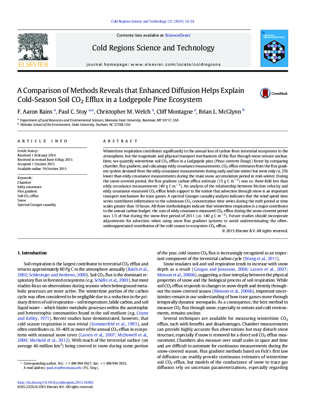 A Comparison of Methods Reveals that Enhanced Diffusion Helps Explain Cold-Season Soil CO2 Efflux in a Lodgepole Pine Ecosystem