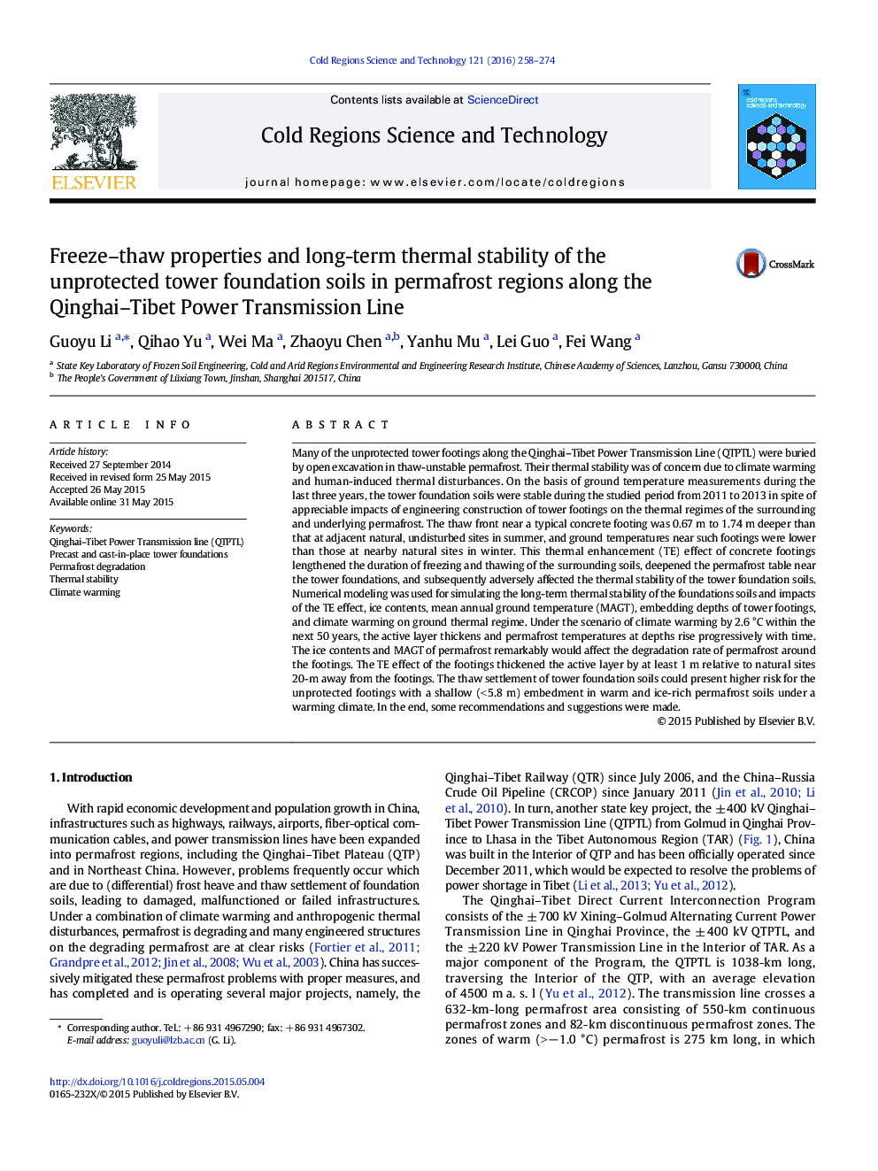 Freeze-thaw properties and long-term thermal stability of the unprotected tower foundation soils in permafrost regions along the Qinghai-Tibet Power Transmission Line