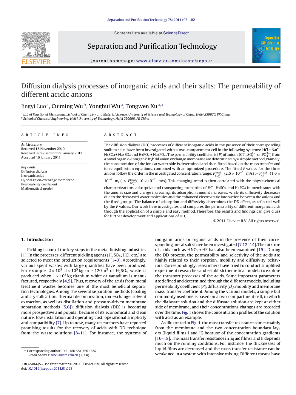 Diffusion dialysis processes of inorganic acids and their salts: The permeability of different acidic anions