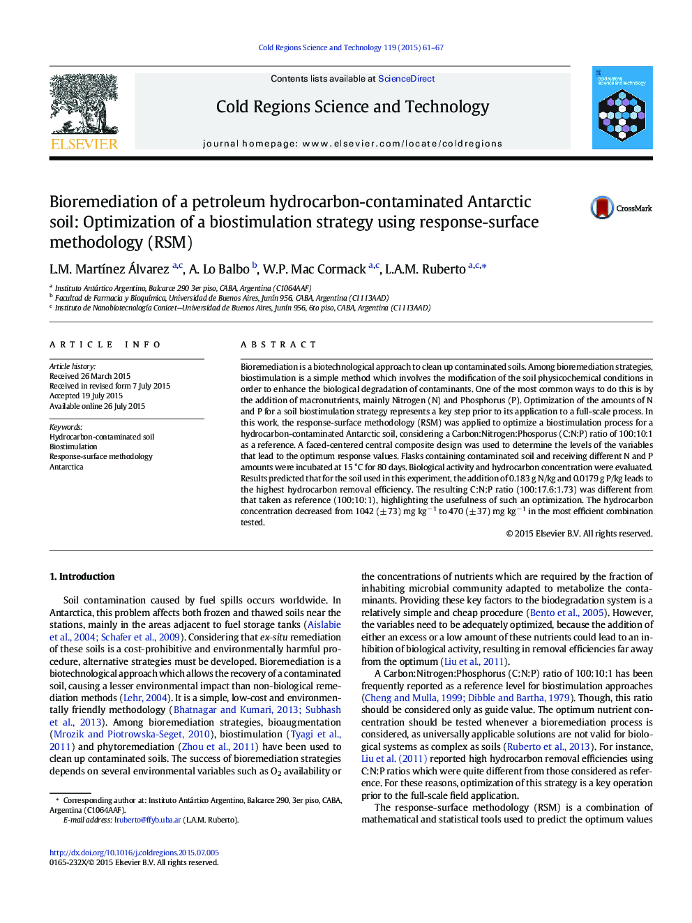 Bioremediation of a petroleum hydrocarbon-contaminated Antarctic soil: Optimization of a biostimulation strategy using response-surface methodology (RSM)