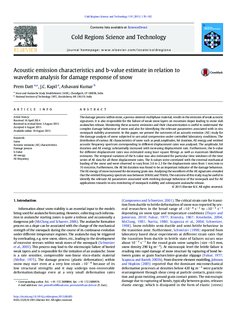 Acoustic emission characteristics and b-value estimate in relation to waveform analysis for damage response of snow