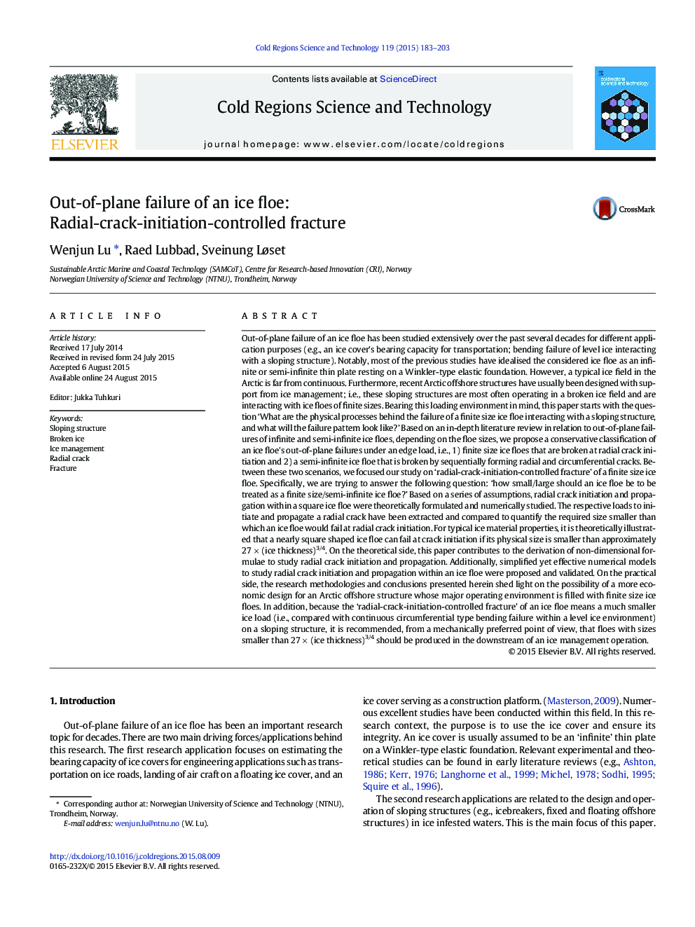 Out-of-plane failure of an ice floe: Radial-crack-initiation-controlled fracture