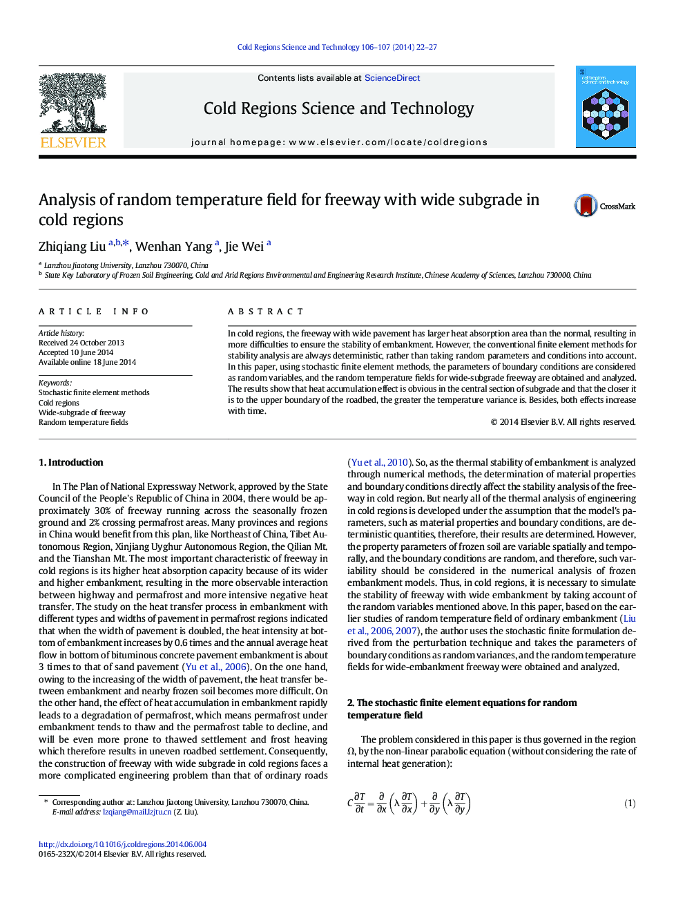 Analysis of random temperature field for freeway with wide subgrade in cold regions