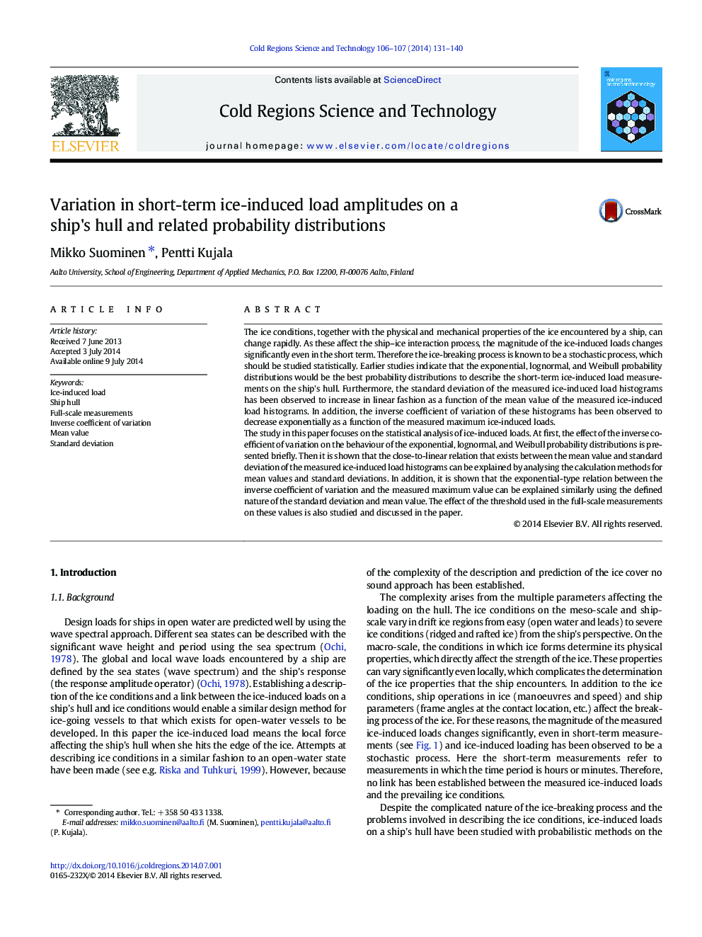 Variation in short-term ice-induced load amplitudes on a ship's hull and related probability distributions