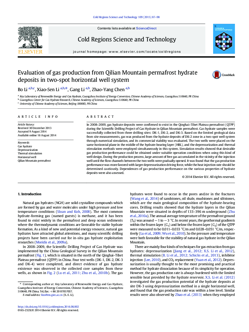 Evaluation of gas production from Qilian Mountain permafrost hydrate deposits in two-spot horizontal well system