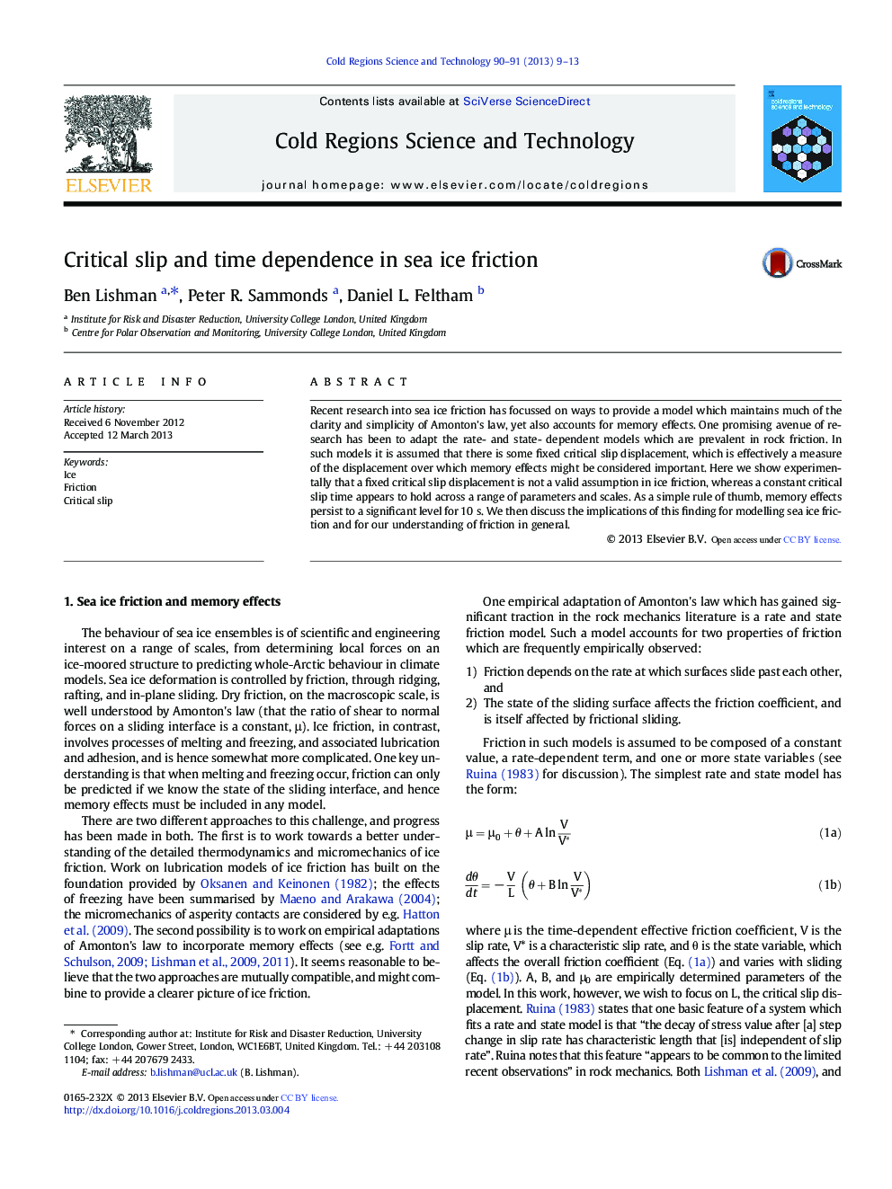 Critical slip and time dependence in sea ice friction