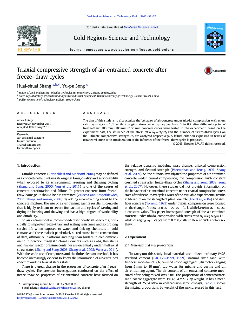 Triaxial compressive strength of air-entrained concrete after freeze-thaw cycles