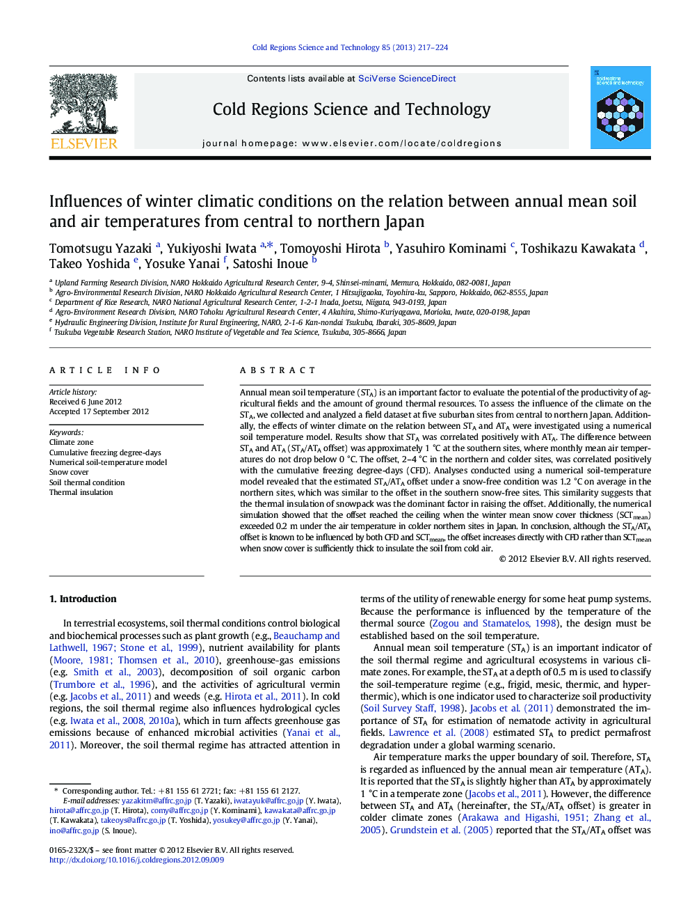 Influences of winter climatic conditions on the relation between annual mean soil and air temperatures from central to northern Japan