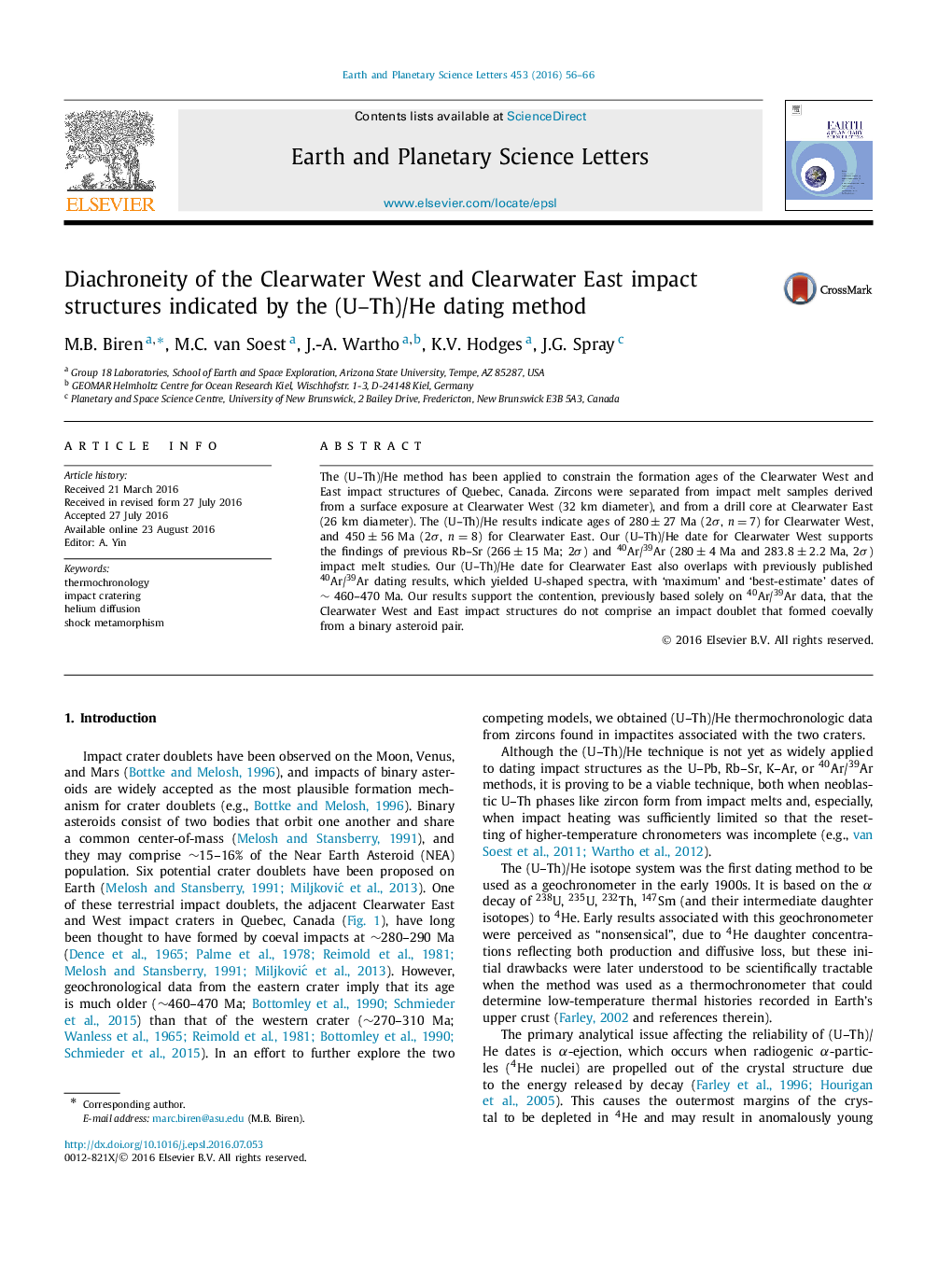 Diachroneity of the Clearwater West and Clearwater East impact structures indicated by the (U-Th)/He dating method