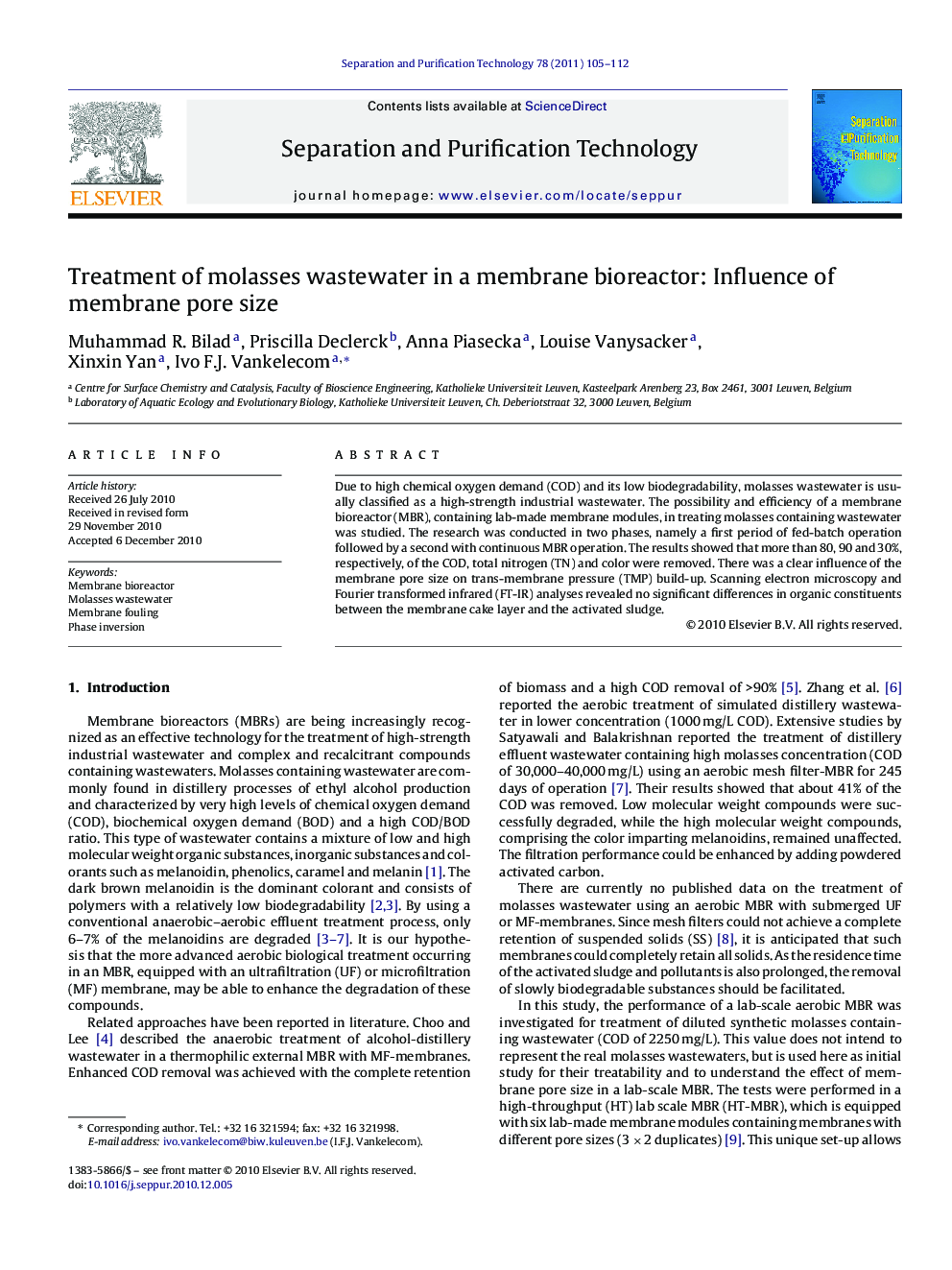 Treatment of molasses wastewater in a membrane bioreactor: Influence of membrane pore size