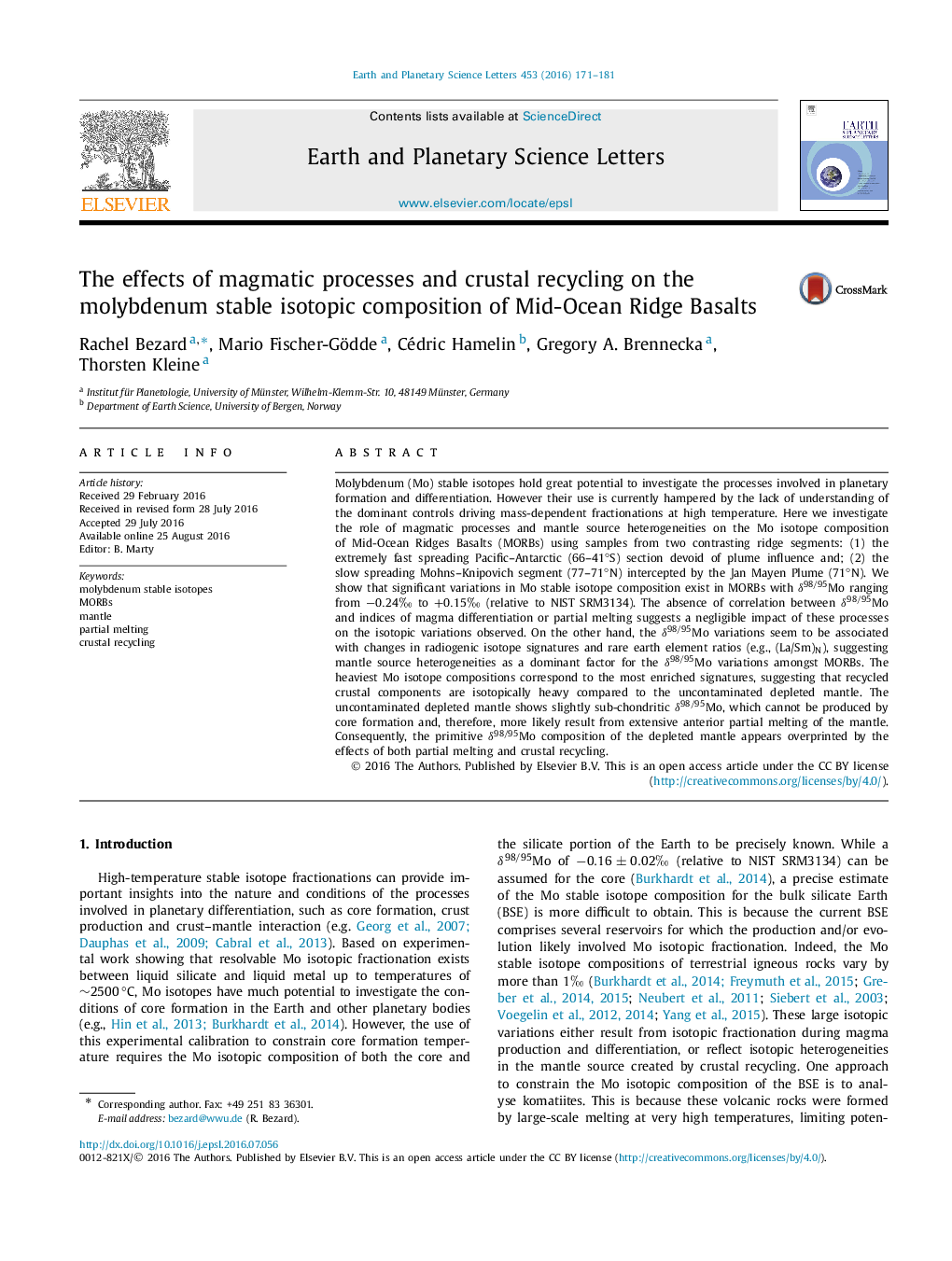 The effects of magmatic processes and crustal recycling on the molybdenum stable isotopic composition of Mid-Ocean Ridge Basalts