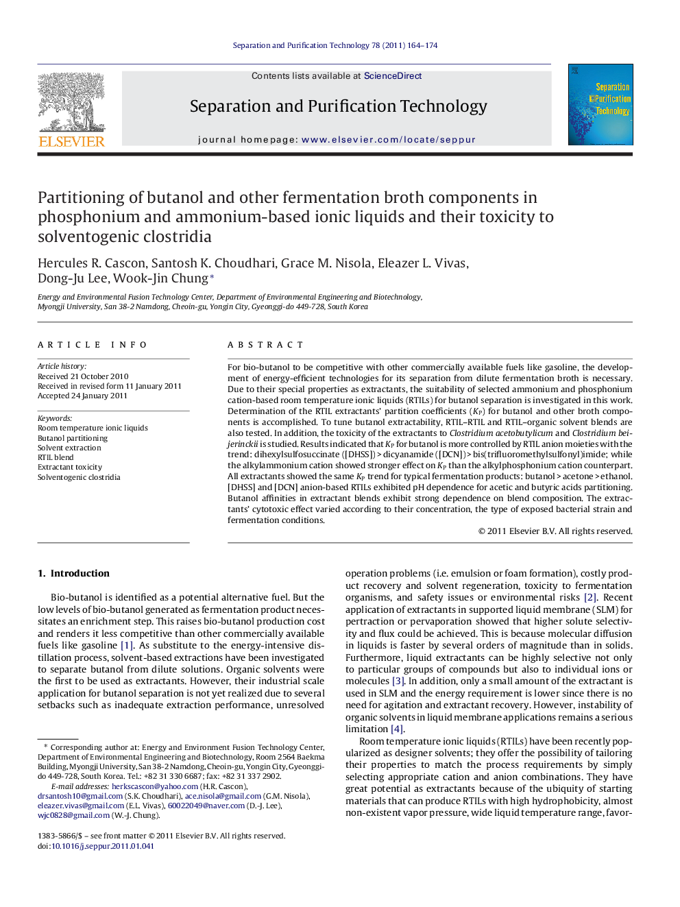 عکس صفحه اول مقاله: Partitioning of butanol and other fermentation broth components in phosphonium and ammonium-based ionic liquids and their toxicity to solventogenic clostridia Partitioning of butanol and other fermentation broth components in phosphonium and ammonium-based ionic liquids and their toxicity to solventogenic clostridia