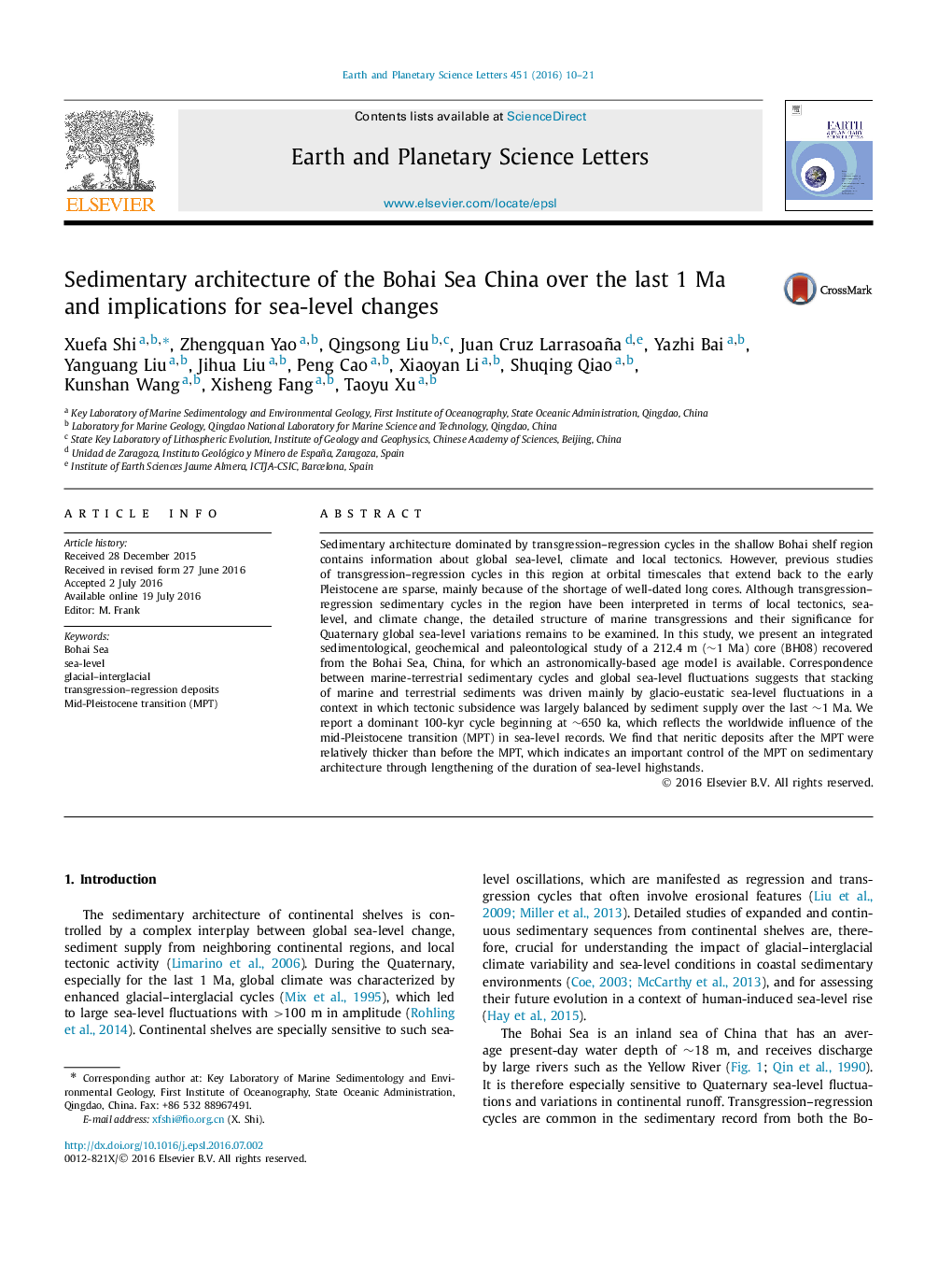 Sedimentary architecture of the Bohai Sea China over the last 1 Ma and implications for sea-level changes