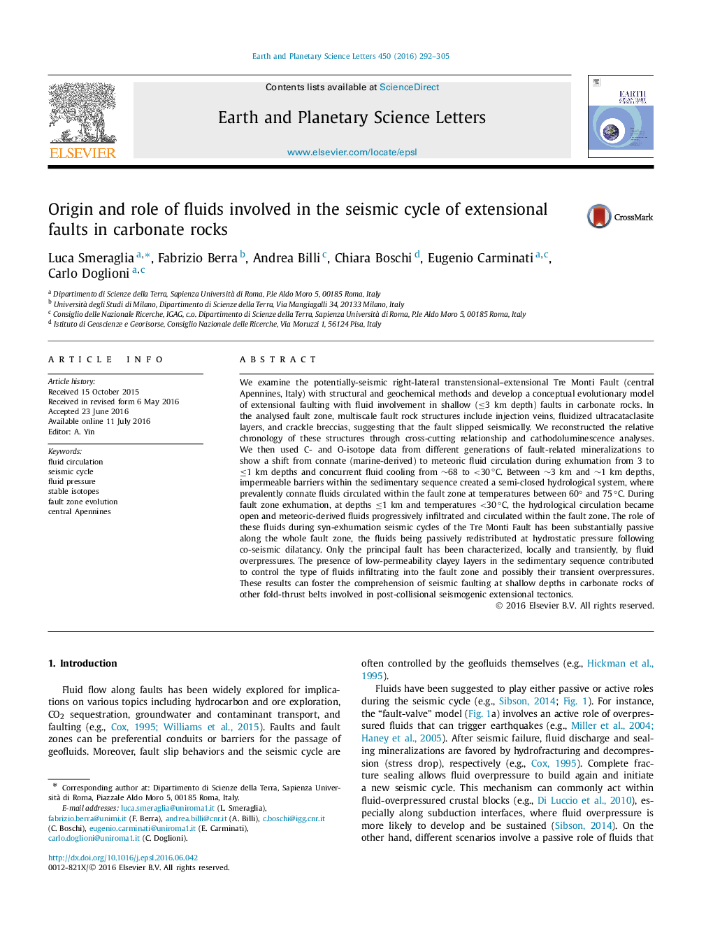 Origin and role of fluids involved in the seismic cycle of extensional faults in carbonate rocks